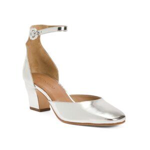 BERNARDO Silver Made In Brazil Leather Remy Ankle Strap Heels